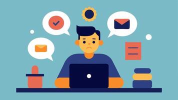 Dizzy Observer A person sitting at a desk looking dizzy surrounded by whirling icons of different tasks and stimuli illustrating the overwhelming sensation caused by multitasking.. vector