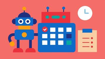 Appointment Scheduling A robot with a calendar interface automatically scheduling meetings with animated clocks and reminders popping up as tasks are completed.. vector