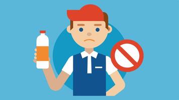 Lack of Breaks A beleaguered fastfood worker clutching an empty water bottle in front of a No Breaks Allowed sign demonstrating how workers are denied necessary breaks.. vector