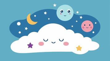 Dream Cloud A soft whimsical cloud filled with various sleeping icons like stars moons and peaceful faces hovering above a figure lying in bed symbolizing positive dreams and. vector