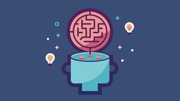 Floating Maze Head An illustration of a floating head depicted from a frontal view with an open top revealing an intricate maze within. The maze is designed with alternating colors. vector