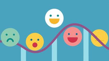 Emotional Rollercoaster A rollercoaster track with various emotional faces happy sad anxious along with serotonin icons keeping the ride smooth showing how serotonin stabilizes. vector