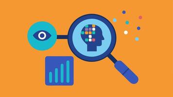 Magnifying Glass Over Data A magnifying glass focusing on a of consumer data points while an AI assistant hovers nearby interpreting the data into actionable insights.. vector