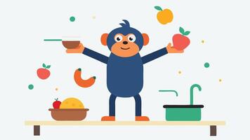 Surrounded by Ingredients The monkey stands on a wooden kitchen stool balancing expertly. It is joyfully juggling several ingredientsmushrooms tomatoes and eggsabove its head. A. vector