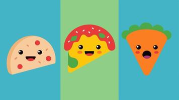 Food with Faces A collection of cartoonish food items with expressive faces such as a happy taco a surprised slice of pizza and a cheeky donut all arranged on a bright multicolored. vector