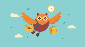 Owl with a Timer A playful illustration featuring an owl soaring with a clock hovering beside it showing that time is running out. The owls backpack is slightly askew with a few. vector