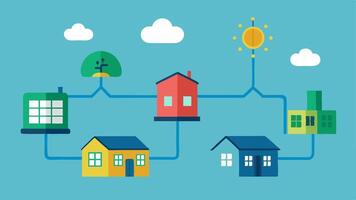 Microgrid Concept A local microgrid illustration with homes and businesses connected to a secondary grid capable of operating independently while linking to the main smart grid.. vector