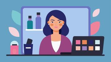 Interactive Makeup Tester A woman using a tablet in a cosmetics section with virtual makeup displayed on her face showing different shades and styles.. vector