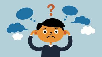 Overwhelmed by Thoughts A character with a furrowed brow pulling at their hair with one hand while the other points at disorganized thought bubbles filled with question marks and. vector