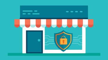 AI Shielding Online Retailers A retail storefront protected by a large AI circuit board shield demonstrating how intelligent systems defend businesses from fraud.. vector