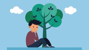 Tree of Worry A tree whose leaves are made of various worried expressions. A young person sits at its base looking up with a hand on their forehead in contemplation about the. vector