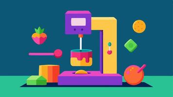 NutrientRich Snacks A 3D printer producing small bitesized snacks infused with vitamins depicted in vibrant colors and fun shapes.. vector