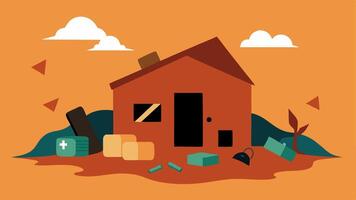 Home Destruction A crumbling house in a orn village with personal belongings tered outside ing the loss of home and community.. vector