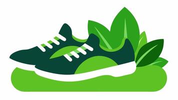 Runners Garden A pair of athletic running shoes designed with a sleek silhouette stands side by side on a patch of soft grass. Each shoe is filled with thriving herbs such as basil. vector
