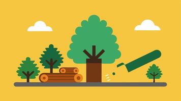 Tree Cutting A of a chainsaw ting down a large tree with piles of logs and small palm oil saplings being planted nearby.. vector