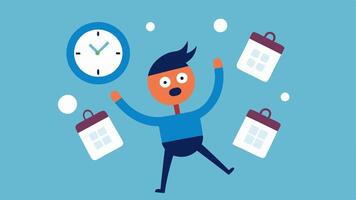 Time Management An of a clock with its hands spinning out of control. A person with a calendar in one hand looks bewildered as they try to keep track of time with. vector