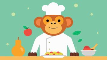 Fanciful Dish Preparation The monkey stands proudly in front of a beautifully arranged plate artfully decorating it with a drizzle of sauce and a sprig of fresh basil. As it. vector