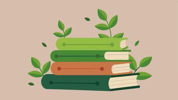 Leafy Book Stack A stack of closed books each book covered in textured green leaf patterns. The books are arranged on a wooden surface and tiny leaves sprout from the top edges. vector