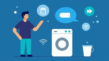 Laundry Management A person in a laundry room using voice commands to start a washing machine represented visually by spinning drum animations and water icons.. vector
