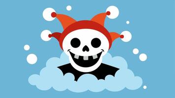 Grinning Skull A stylized cartoonish skull with exaggerated features sitting atop a small pile of cartoonish bones. The skull is wearing a jesters hat and a wide mischievous grin. vector