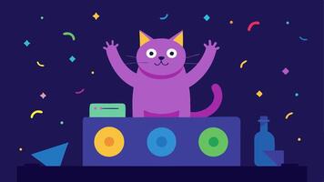 Party Highlights A whimsical scene showcasing a cat standing confidently behind a DJ booth with vibrant colors and confetti flying through the air. The cat is focused on the. vector