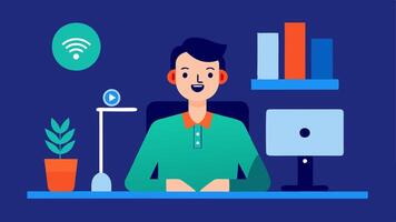 Online Meeting A professional participating in a call from home with a smart speaker on the desk and using voice commands to adjust settings.. vector