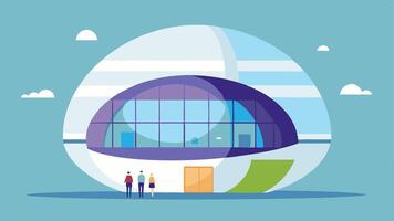 Floating Sphere A large smooth spherical building floats above the ground its surface made of gleaming glasslike material. Large oval windows wrap around the structure allowing. vector