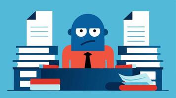Mountain of Tasks The character is depicted sitting at a desk surrounded by stacks of papers and files that seem to tower over them. Their expression is a mix of frustration and. vector