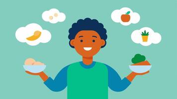 Happy User with Food A diverse individual smiling while holding a healthy meal with thought bubbles showing how their meal is tailored to their unique health goals.. vector
