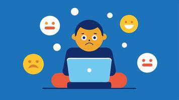 Thumbs Up Overload A character sitting in front of their computer surrounded by countless thumbsup emojis looking drained and unappreciated.. vector