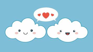 Chatting Clouds Two fluffy clouds with smiling faces exchanging speech bubbles filled with hearts and encouraging words representing uplifting communication.. vector