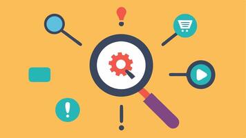 Broken Focus Lens A magnifying glass that is cracked or shattered with various task symbols tered around it representing diminishment of focus and clarity when multitasking.. vector