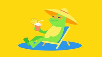 Frog with a Beach Chair A bright yellow frog lounges on a slightly smaller lily pad that has a tiny beach chair set up. The frog is lounging with one arm resting behind its head. vector
