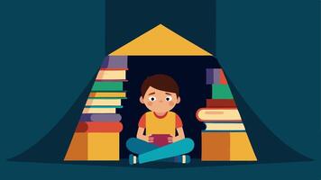 Imaginative Play A child is inside a fort made entirely of books peeking out from between two tall stacks. The fort is decorated with drawings and colorful bookmarks sticking out.. vector