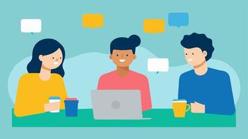 Discussing with Peers A group of three individuals in a casual setting brainstorming around a table with postit notes and coffee cups sharing insights on how to improve based on. vector