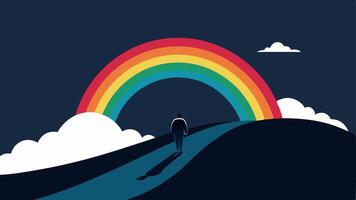 Clouds and Rainbows A landscape where dark clouds failure are on one side and a vibrant rainbow success on the other with a figure walking from the clouds towards the rainbow. vector