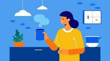Morning Routine A character in a bright kitchen asking a voice assistant for the weather while sipping coffee with a smart speaker on the countertop.. vector