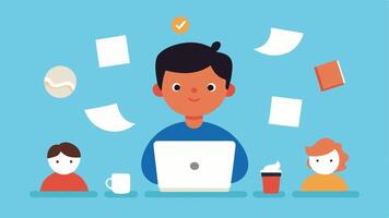 Virtual Meeting Chaos A character attending a virtual meeting on a laptop surrounded by kids playing loudly with papers tered around and a coffee cup precariously teetering on the. vector