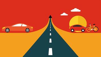 Two Roads A wide paved road with highend cars and a narrow bumpy path with bicycles demonstrating different lifestyles and opportunities.. vector