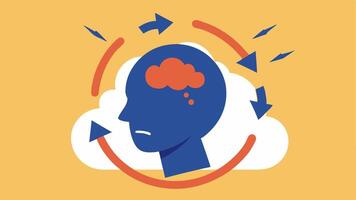 Cycling Thoughts A head surrounded by looping arrows that represent racing thoughts with the figure clutching their head in frustration illustrating a cycle of anxiety.. vector