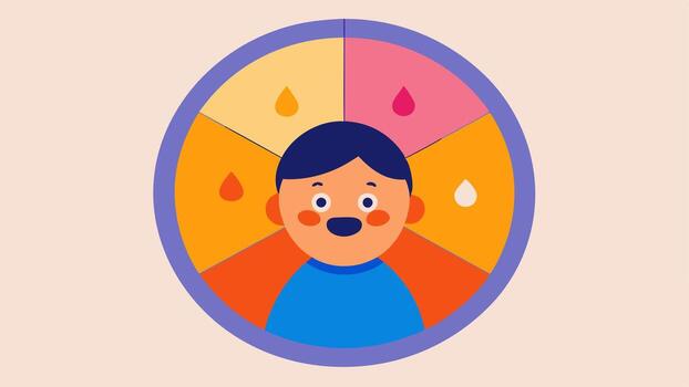 Emotion Wheel An illustration of a wheel divided into sections with different emotions written on each. A child is spinning the wheel learning to identify and discuss their. vector