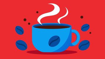 Giant Coffee Cup A whimsical oversized cup of steaming coffee dominates the center of the illustration. The cup is a bright cheerful color possibly a shade of vibrant blue or red.. vector