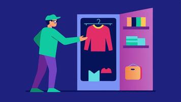 Interactive AR Closet An open closet filled with digital clothing items displayed in 3D as a user swipes through them selecting outfits to virtually try on.. vector