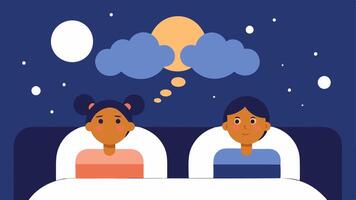 Dream Cloud Two characters lying in bed under separate blankets each staring up at a dream cloud filled with images of their time together representing shared dreams despite. vector