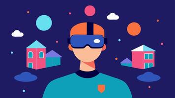 Headset Demo A person wearing a virtual reality headset with a serene expression surrounded by floating graphics of houses and apartments in the background.. vector