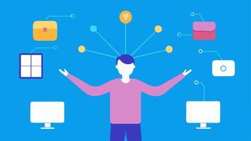 Neural Gesture Interaction A user stands with their arms raised fingers spread wide. Above them neural signals are depicted as bright trails connecting to various devices like. vector