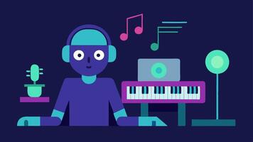 AI Music Composer A musician seated at a keyboard while a floating holographic screen displays musical notes and suggests chord progressions with a friendly robot nearby.. vector