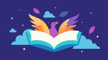 Floating Book with Wings An open book illustrated with vibrant pages that appear to flutter like bird wings. The book is depicted flying through the air with its pages adorned with. vector