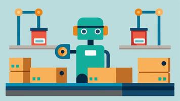 Automated Packaging A robot assembling packages by inserting items into boxes on a conveyor belt applying tape and labeling them for shipment all while working steadily without. vector