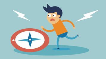 Broken Compass A cartoon compass spinning wildly with a person looking frustrated and confused trying to figure out which way to go.. vector